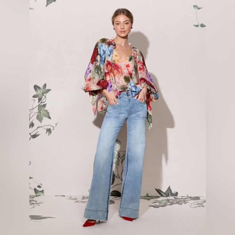 Alice + Olivia Norah Peasant Cotton & Silk Blouse in Storm Floral M - Picture 10 of 10